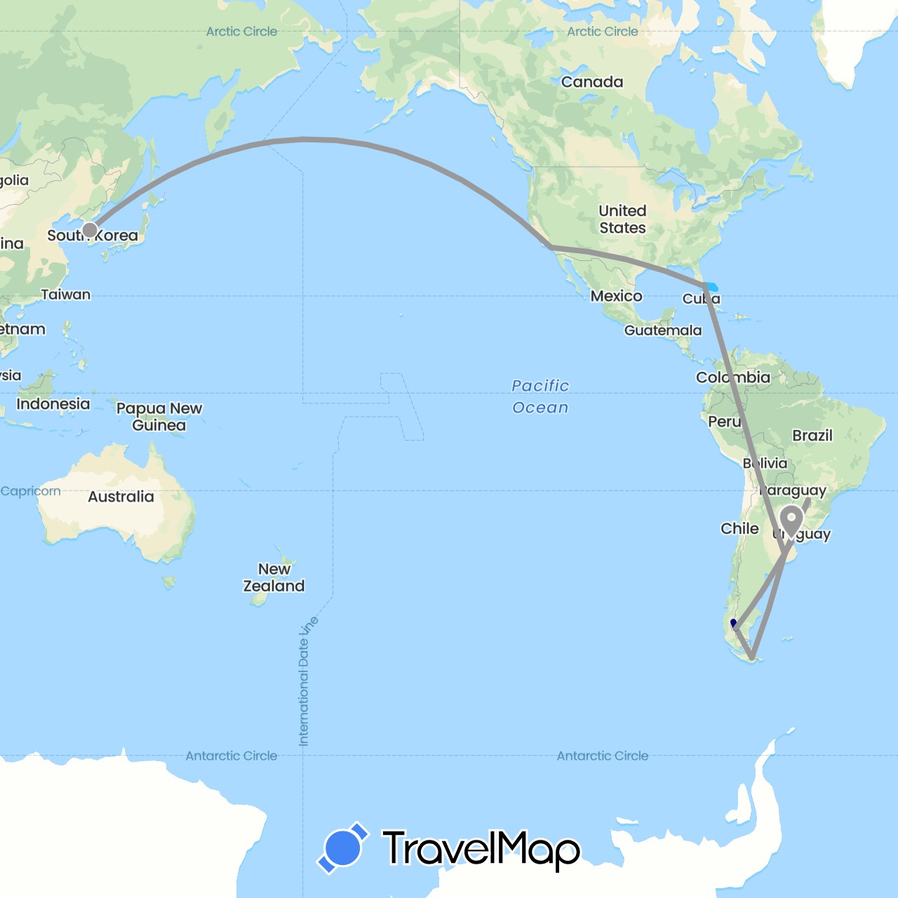 TravelMap itinerary: driving, plane, boat in Argentina, Bahamas, South Korea, United States (Asia, North America, South America)